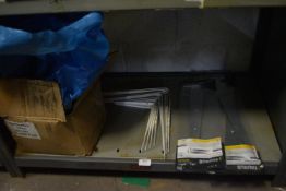 *Contents of Shelf to Include Assorted Angle Brackets, Taurus T-Hinges, and a Box of Cut Clasp Nails