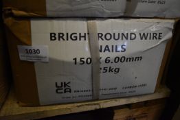 *1x 25kg Box of Bright Round Wire Nails 150x6.00mm