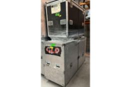 *2x Flight Cases with 4 Seater Black Modular Sofa and arms