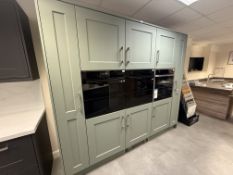 *Green Woodgrain Effect Kitchen Wall Units with Plinth Heater, Pullout Baskets to Right, and