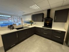 *Grey L-Shape Kitchen Display (2840x2750mm) with Panel Doors, Brushed Stainless Steel Handles,