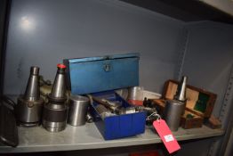 *Shelf of Auto Locking Chucks, Collets, and a DNS Hatch Boring Head
