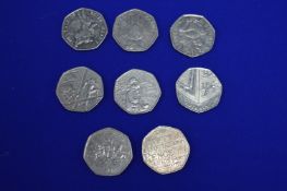 Eight Pictorial 50p Pieces Including Beatrix Potte