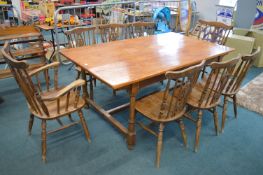 Period Oak Farmhouse Table with Set of Eight Spind