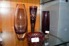 Three Coloured Glass Vases and a Bowl