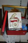 Box of Assorted China and Glassware, and a Gilt Framed Painting of Elephants