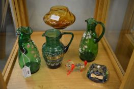 Victorian Painted Green Glass Jugs and Other Glass