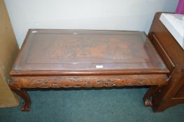 Chinese Style Carved Wood Coffee Table with Glass