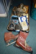 Vintage Items Including Ice Skating Boots and a Paraffin Lamp