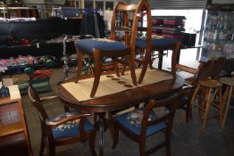 Reproduction Mahogany Table with Inlaid Detail, plus Six Inlaid Sabre Leg Dining Chairs with