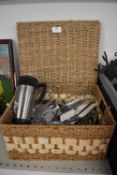 Storage Basket Containing Assorted Cups, Glassware, Cutlery, etc.