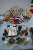 Chinese Calligraphy Set, Model Ships, Decorative Eggs, etc.