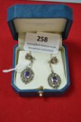Pair of Silver Drop Earrings with Amethysts & Marcasite