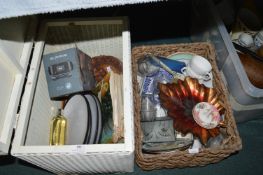Ottoman and a Basket Containing Pottery, Glassware, Books, etc.