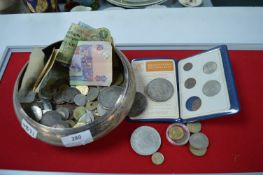 Metal Bowl Containing Vintage Coins and Banknotes Including Reproduction American Dollars