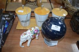 Tea & Coffee Storage Jars plus Globe, and an Eleph