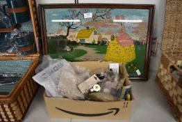 Box of Mixed Haberdashery Items and a Painted Tray