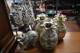 Chrome Table Lamp with Perforated Shade, Silvered Polar Bear, and Three Pineapple Storage Jars
