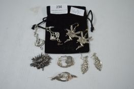 Assorted White Metal Brooches and Earrings