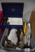 Box of Crafting Items Including Needle Files, Steel Rules, Paper Trimmers, and Other Craft Items