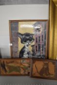 Two Framed Cat Prints and a Cat Wall Clock