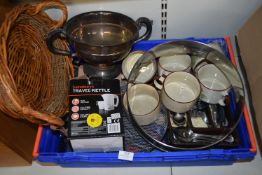 Quanity of Assorted Large Soup Mugs, Cutlery, Silver Plated Trophy, Travel Kettle, etc. (Box Not