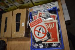 *Two Boxes of Black Tiles, Assorted Signage, and Bolts, etc.