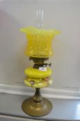 Victorian Oil Lamp on Brass Base with Yellow Glass Reservoir and Shade