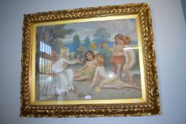 Large Watercolour Depicting an Angel with Children by R.G. Hinchcliff in Original Gilt Frame