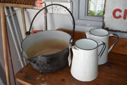 Enamel Jam Pan and Two Jugs