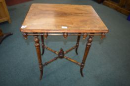 Victorian Walnut Topped Occasional Table with Turned Cross Stretcher, and Rail with Bobbin Detail