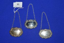 Three Hallmarked Silver Decanter Spirit Labels - Birmingham 1983-1990, ~36g total