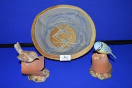 Studio Pottery Bowl and Two Birds and Plant Pot Figures