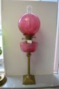 Victorian Oil Lamp on Brass Classical Column Base with Cranberry Glass Reservoir and Shade