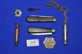 Small Collectibles Including Whistles, Pocketknives, Enamel Badges, etc.