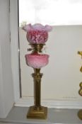 Victorian Oil Lamp on Brass Classical Column Base with Pink Glass Reservoir and Shade