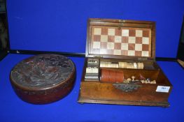 Mahogany Gaming Box with Chess Draughts, Dominoes, and Board, plus Carved Chinese Box