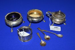 Silver Salt, Mustard Pot, and Napkin Ring – Assorted Hallmarked, ~250g total