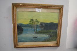 Oil on Canvas Folk Art Lakeside Scene