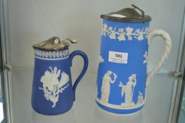 Two Unmarked Blue & White Jasper Ware Lidded Jugs