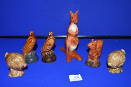 Five Beneagles Scotch Whisky Miniature Ceramic Bottles, and Rynbende Cherry Brandy Kangaroo