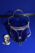 EPNS Sugar Basket with Blue Glass Liner plus White Metal Coin Case