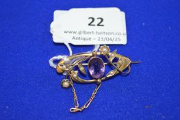9ct Gold Brooch with Amethyst & Seed Pearls ~4.5g