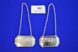 Two Hallmarked Silver Bacardi & Brandy Decanter Labels - Birmingham 1990, ~20g total