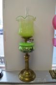 Victorian Oil Lamp on Brass Base with Green Glass Reservoir and Shade with Oriental Bird Design