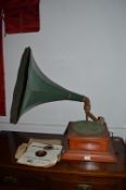 Wind Up Gramophone with Green Horn and 78 Records