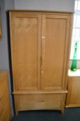 Solid Light Oak & Pine Lined Double Wardrobe with Two Drawers