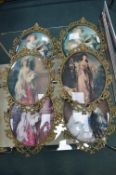 Six Brass Framed Oval Prints with Convex Glass Fea