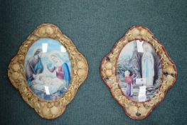 Two Religious Prints with Convex Glass in Shell De