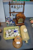 Mantel Clock, Teaspoons, Thimble with Stand, etc.